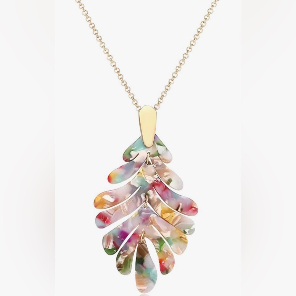 NWT Long Statement Leaf Charm Necklace Tortoise Resin Palm Leaf Earrings